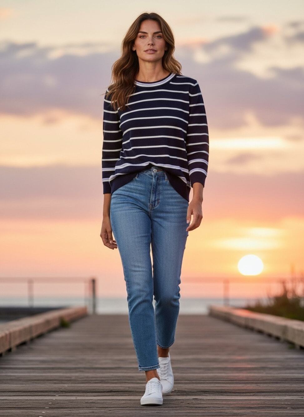 J. Crew 3/4 Sleeve Lightweight Merino Wool Sweater Navy Sripe Size S Coastal